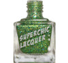 Charmed Holographic Nail Polish, a bottle of holographic green nail polish with glitter particles, branded as SuperChic Lacquer, Marvel The Adventures in Beauty.