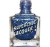 Frozen Queen Holographic Nail Polish, a clear glass bottle filled with vibrant blue holographic nail polish with glitter particles, labeled 'Superchic Lacquer'.