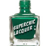 Anxious Thermal Nail Polish, green nail polish in a clear glass bottle with a green cap and white text saying 'Superchic Lacquer' and 'Marvel The Adventures In Beauty'