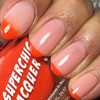 Amused Thermal Nail Polish, close-up of nails with a natural pink base color and vibrant orange tips, showcasing the color-changing effect of the thermal nail polish.