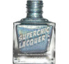 Outbreak Sky Blue Nail Polish, a clear glass bottle of holographic sky blue nail polish from Superchic Lacquer with Marvel The Adventures In Beauty branding on the label.