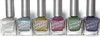 Germaphobe Nail Polish, six bottles of nail polish in different colors including silver, blue, gold, pink, green, and purple standing in a row.