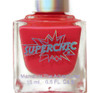 Fireball Nail Polish, vibrant red nail polish in a clear glass bottle with a metallic silver cap and colorful comic-style text reading 'Superchic' on the front