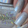 Fly Away Nail Polish, a close-up image of sparkling silver holographic nail polish on manicured nails.