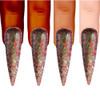 Fermented Gnome Nail Polish, close-up of four nails with glittery, colorful nail polish in gradient shades from dark to light, showcasing a shimmering, sparkle-filled finish.