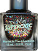 Fruitcake Flambé Nail Polish, close-up view of a glittery, multicolored nail polish bottle with the 'Superchic' logo and 'Marvel At The Adventures' label.