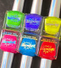 Fire Glow Neon Shimmer Nail Polish collection of 6 bottles, vibrant neon shades, free shipping, pre-order available, colorful nail polish bottles with holographic caps.