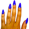 Blue Flame Neon Shimmer Nail Polish, manicured fingernails painted with vibrant blue neon shimmer nail polish on a woman's hand.