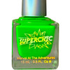 Slow Burn Neon Shimmer Nail Polish, bright neon green nail polish in a clear square bottle with silver cap and vibrant superhero-themed label.