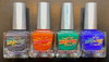 Chiller Crackle Nail Polish - Thermal - Glow In The Dark, image showing four bottles of nail polish in metallic silver, vibrant orange, bright green, and electric blue colors with silver caps.