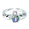 Claddagh Celtic Ring - Green Rainbow Heart - 925 Sterling Silver, close-up image of a silver ring featuring a green rainbow heart-shaped gemstone and a small clear gemstone, representing love, loyalty, and friendship.