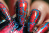 Harlequin NutCrackle Nail Polish - Multichrome Crackle Effects, close-up of nails with red and blue multichrome crackle polish creating a textured, vibrant nail art look.