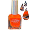 Helium Burst Orange Neon Fluid Art Nail Polish, vibrant orange nail polish bottle with holographic cap and fluid art nail images.