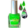 Dust Devil Neon Green Fluid Art Nail Polish, vibrant neon green nail polish in a square glass bottle with metallic cap and colorful fluid art teardrop swatches showing the marbled neon green and black patterns.