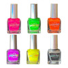 Shockwave Neon Pink Fluid Art Nail Polish, set of six vibrant colors including pink, green, orange, purple, yellow, and silver in small bottles with metallic caps