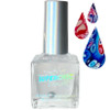 Negative Space Clear Fluid Art Nail Polish, transparent nail polish bottle with holographic label and metallic cap, featuring colorful abstract paint drop designs representing fluid art in vibrant red, blue, purple, and white colors.