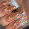 Party Booper Chocolate Halloween Nail Polish, close-up of manicured nails with orange base and multicolored holographic glitter.