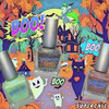 Pumpkin Patch Near Me Halloween Nail Polish, Halloween themed nail polishes with colorful background featuring ghosts, bats, and a witch for festive Halloween pumpkin patch nails.