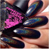 R.E.M. Holographic Black Nail Polish, showing nails painted with a shimmering holographic black finish.