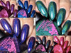 No Rest For The Wicked Nail Polish, vibrant collection of metallic purple, blue, green, and pink nail polish swatches with shiny finishes.