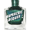 No Rest For The Wicked Nail Polish, glass bottle of holographic green nail lacquer with white and green text on the label.