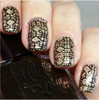 Chronicles Of The Dreamcatcher - Genuine Diamond Nail Polish, close-up of decorated fingernails with intricate black, gold, and silver crackle nail art design.
