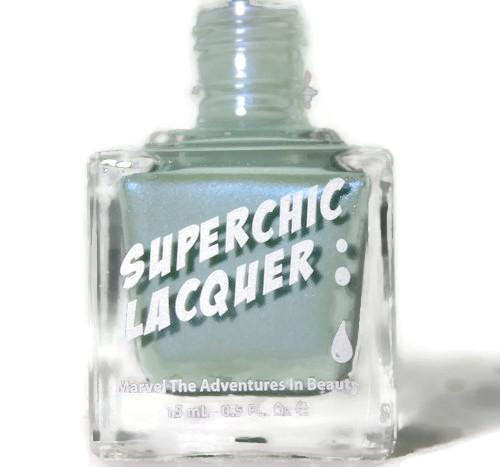 Figmint Of My Reality Nail Polish, a pastel blue nail polish in a square glass bottle with a white cap, labeled 'Super Chic Lacquer' and 'Marvel The Adventures in Beauty'