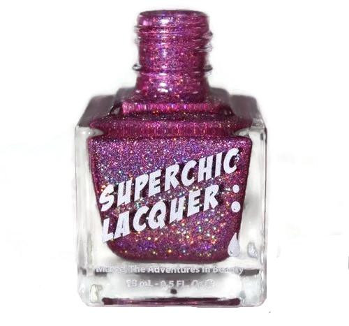 Material Girl Nail Polish, vibrant pink glitter nail polish in a clear square bottle with a pink cap.