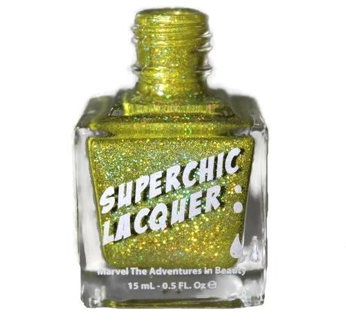 Make It Work Nail Polish, yellow glitter nail polish in a clear glass bottle with a gold cap.