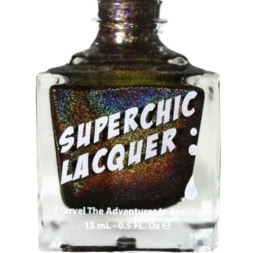 Awesome Sauce Nail Polish, holographic nail polish in a small glass bottle with a silver cap, featuring colorful sparkling effects and the label 'Superchic Lacquer'.