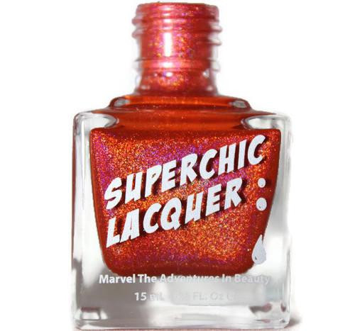 Cherub Nail Polish, red glittery nail polish in a square glass bottle with white and pink text label