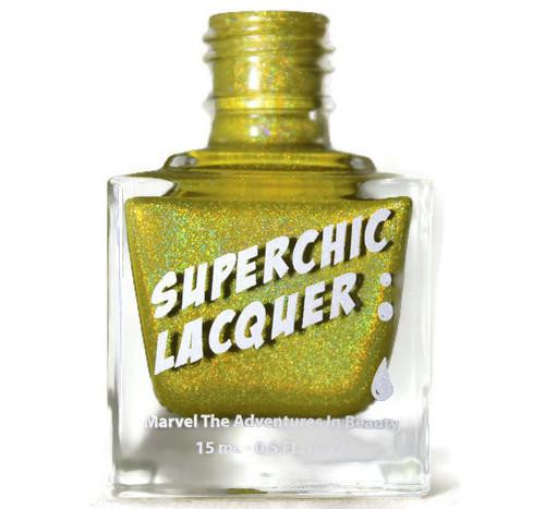 Pheromone Nail Polish, a 15ml bottle of shimmering green nail lacquer with holographic glitter and a gold cap.