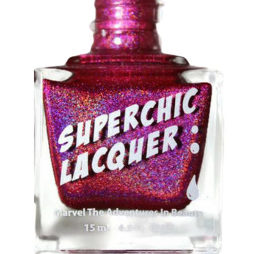 Swoon Nail Polish, vibrant pink glitter nail polish in a clear square bottle with 'Superchic Lacquer' label.