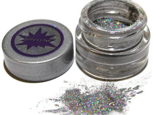 SuperStar - Pure HoloChrome Powder - 1 Gram, jar of holographic chrome powder with loose glitter spilled in front of it.