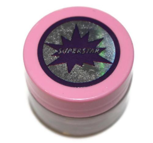 SuperStar - Sugar Crystal HoloCandy Pigment - 2 Grams, jar with holographic silver glitter pigment inside, pink lid with graphic design.