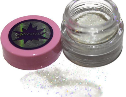 SuperStar - Sugar Crystal HoloCandy Pigment - 2 Grams, open jar of iridescent sparkling sugar crystal pigment with pink lid and scattered specks of glitter on a white surface.