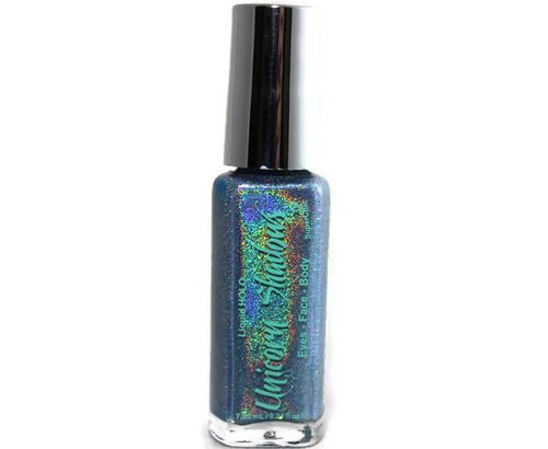 Peekaboo Holographic Eyeshadow, holographic glitter eyeshadow in a clear bottle with a black cap.