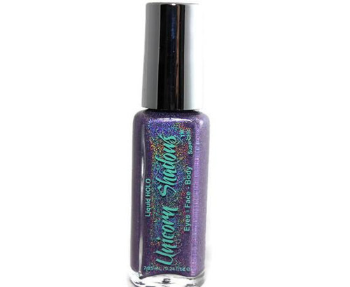 Uncatchable Holographic Eyeshadow, purple holographic liquid eyeshadow bottle with shimmering glitter inside.