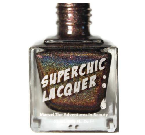 Candyman Nail Polish, holographic multicolor glitter nail polish in a square clear bottle with a metallic cap.