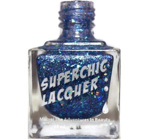 Frozen Queen Holographic Nail Polish, a clear glass bottle filled with vibrant blue holographic nail polish with glitter particles, labeled 'Superchic Lacquer'.