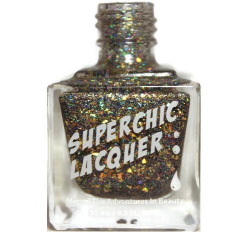 Stroke Of Midnight Holographic Nail Polish, a clear glass bottle filled with holographic nail polish containing multi-colored glitter.
