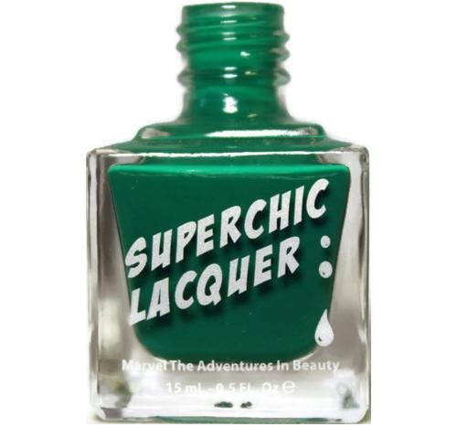 Anxious Thermal Nail Polish, green nail polish in a clear glass bottle with a green cap and white text saying 'Superchic Lacquer' and 'Marvel The Adventures In Beauty'