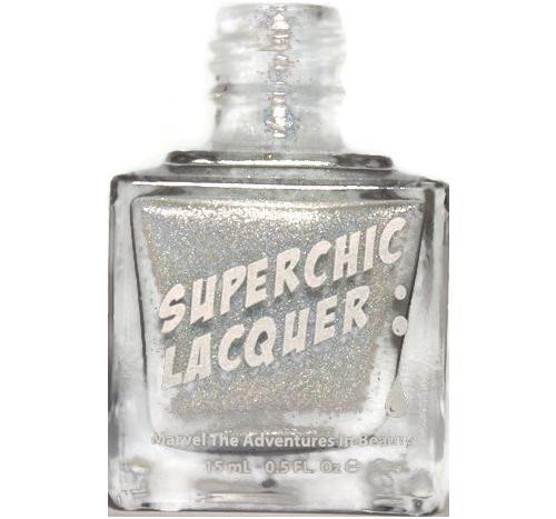Placebo Nail Polish, clear glittery nail lacquer in a square glass bottle with white text and silver glitter inside.