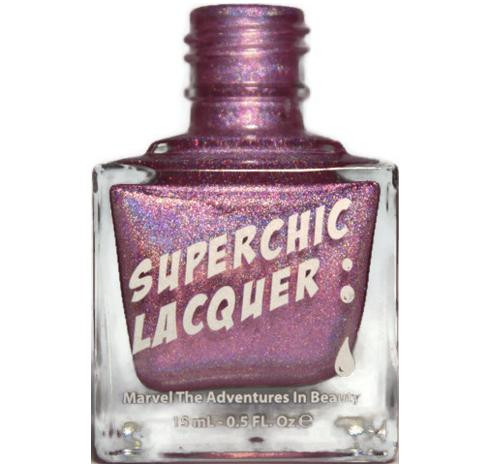 Delirious Nail Polish, a shimmering purple nail polish with holographic glitter in a clear glass bottle with a purple cap.