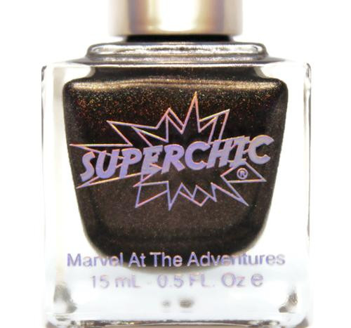 SuperChic Morticia Adams Nail Polish, a black nail polish with colorful glitter inside a clear glass bottle.