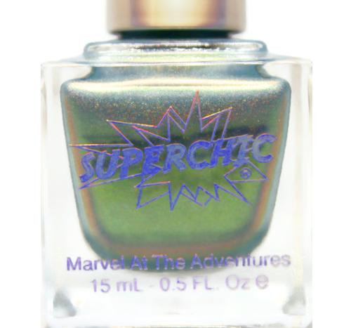 SuperChic Lily Munster Nail Polish, holographic iridescent nail color in a clear glass bottle with colorful logo and label.