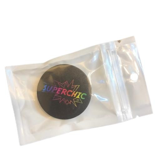SuperChic® Mobile Phone PopGrip, black round grip with colorful SuperChic branding in packaging.