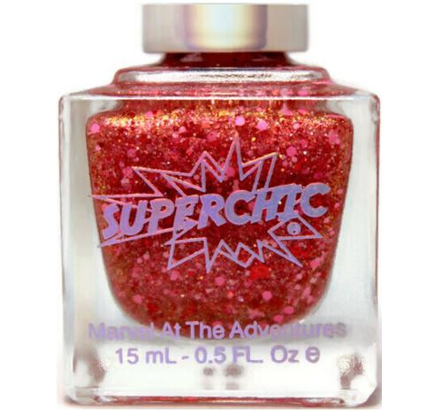 Love Language Nail Polish, pink glitter nail polish in a clear square bottle with a silver cap and 'Superchic' label.