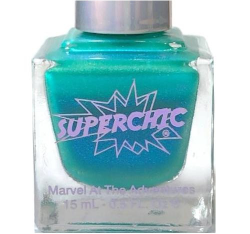 World Warp Nail Polish, vibrant turquoise nail polish with a shimmering finish in a square glass bottle.