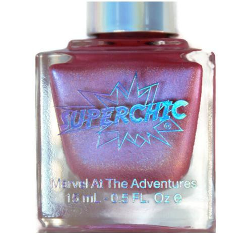 Samantha Nail Polish, Marvel Art The Adventures in a 15ml bottle with shimmering pink, purple, and blue holographic nail polish.